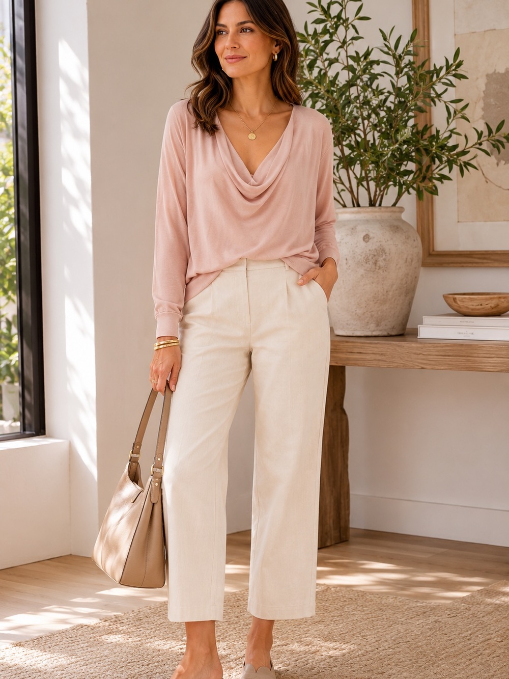 MM LaFleur Blush Neutral Silk Jersey Knit Draped Cowl Neck Top Size Large New